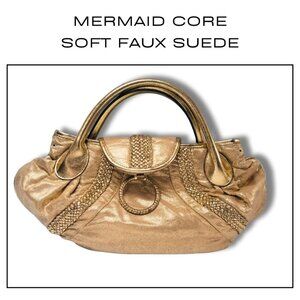 Aldo Gold Metallic Faux Suede Handbag Mermaid Core Braided Ring Detail